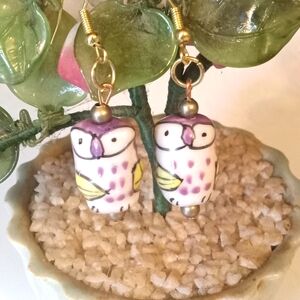 Ceramic Owl Earrings Handmade Pierced Dangle Earrings